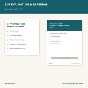 Puede incluir: Un kit de herramientas digital de evaluación y referencia SLP con 16 páginas imprimibles. El documento presenta un encabezado de color verde azulado oscuro con texto en blanco, que enumera secciones para la admisión de referencias, cronogramas de evaluación, aportes de maestros y cuidadores, planificación y seguimiento.