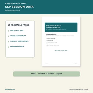 May include: A digital download SLP session data collection pack for K-8 school-based speech therapy. The document includes 15 printable pages featuring quick trial data, group session data, cueing and independence tracking, and progress review forms.