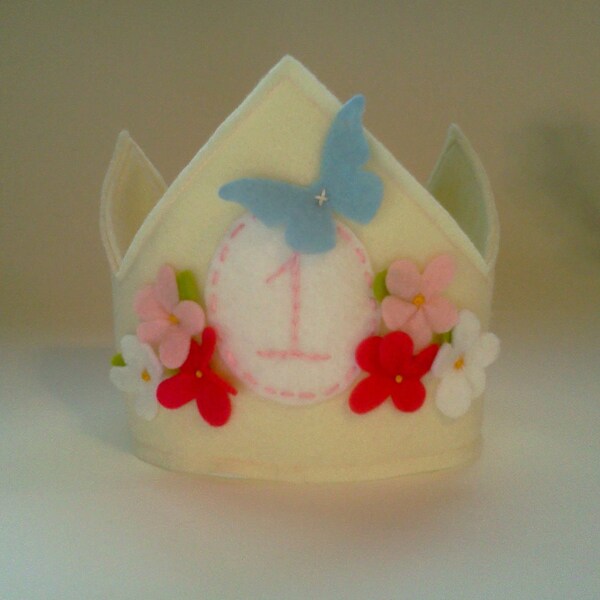 Cream Felt First Birthday Crown Personalized Initial Flower and Butterfly