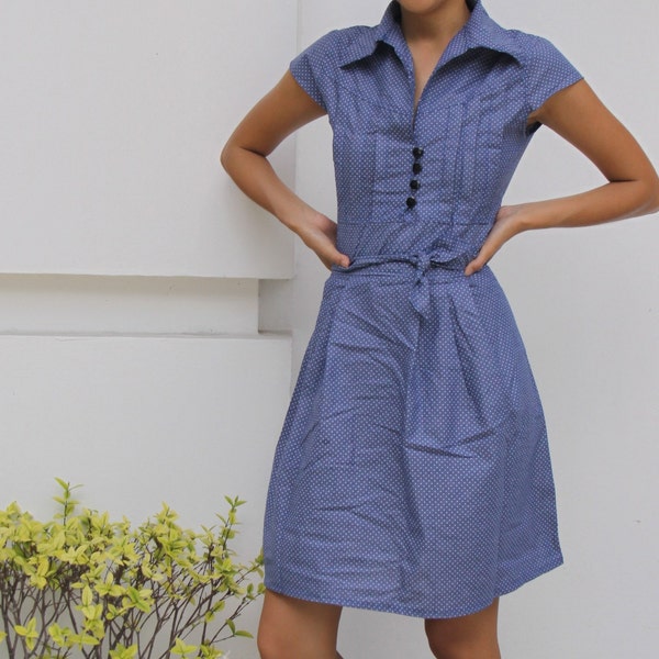 Womens Casual Tshirt Work Dress in Striped and Polka Dot with Collar and Button UP. Blue. Purple. Teal