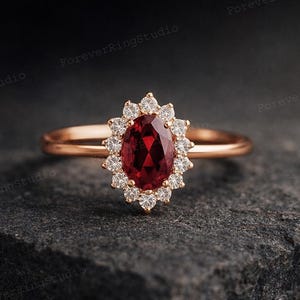 Ruby and Diamond Halo Ring 14K Gold Oval Engagement Ring Vintage Promise Anniversary Jewelry Gift Women’s Bridal Ring Christmas Gifts