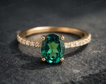 Emerald Green Engagement Ring, Oval Gemstone Gold Ring, Dainty Solitaire Ring, Classic Bridal Jewelry, Promise Gift for Her Christmas Ring