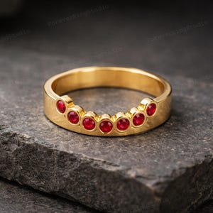 Gold Ruby Band Ring, Red Ruby Semi Eternity Ring, Classic Women’s Stacking Band, Dainty Gold Ruby Ring, July Birthstone Gift Jewelry