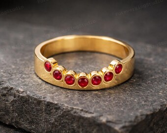 Gold Ruby Band Ring, Red Ruby Semi Eternity Ring, Classic Women’s Stacking Band, Dainty Gold Ruby Ring, July Birthstone Gift Jewelry