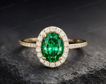 Oval Cut Emerald Halo Ring Gold Engagement Ring for Women Classic Vintage Style Handmade Gemstone Jewelry Anniversary Gift, Green Gem Ring