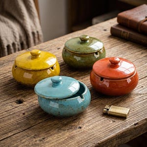 Ceramic Ashtray with Lid Kiln Glaze Decorative Desktop Tray Retro Style Living Room Table Accessory