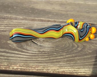 Hand Blown Glass Pipe – Spoon Pipe – Black Wave Linework – Functional Glass Art