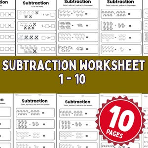 Werkblad 1-10 aftrekken: rekenoefeningen voor kleuters, kleuters, leerjaar 1 en 2 (afdrukbare pdf)