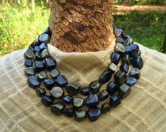 Vintage Castlecliff Necklace Triple Strand Marbled Blue Green Lucite Chunks