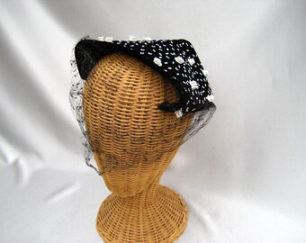 Vintage Ladies Cocktail Hat Black Velvet White Beads John Wanamaker