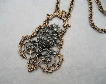 Signed ART Necklace Huge Victorian Revival Pendant Bouquet Urn Mixed Metal