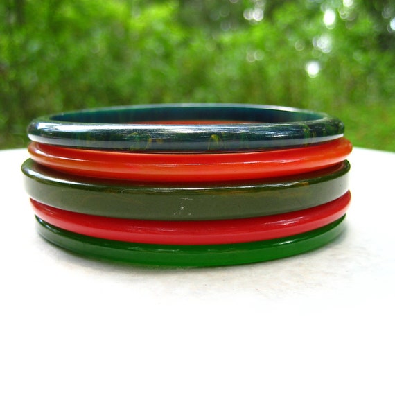 Vintage Bakelite Bracelets Spacer Stack Green Mar… - image 2
