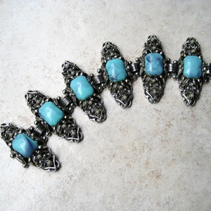 Vintage Wide Bracelet Faux Turquoise Lucite Cabochon Openwork Panels image 3