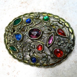 Vintage Art Deco Rhinestone Brooch C Clasp Multicolor Floral Openwork
