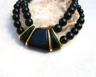 Vintage Signed Napier Necklace 1980s Black Lucite Gold Tone Double Strand Collar