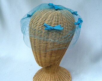 Vintage Ladies Whimsy Hat Double Turquoise Veil Ribbon Bows