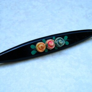 Vintage Celluloid Bar Pin Carved Roses C Clasp Hand Painted image 2