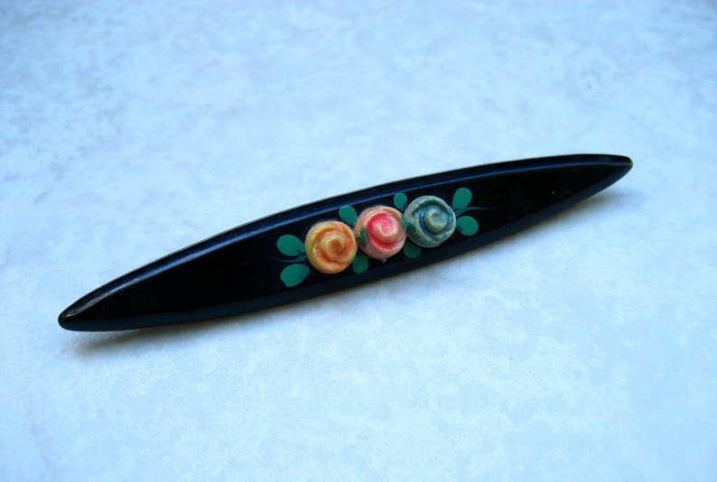 Vintage Celluloid Bar Pin Carved Roses C Clasp Hand Painted image 2