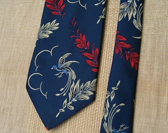 Vintage Don Loper 60s Wide Necktie Bird of Paradise Denim Blue Pearl White Red