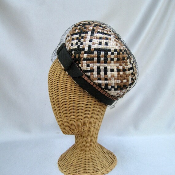 Vintage Ladies Straw Hat Brown Black White Netting - image 2