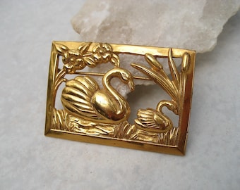 Vintage Sterling Craft Coro Swan Brooch Gold Vermeil Framed Scenic