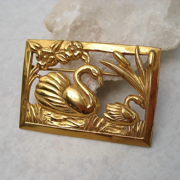 Vintage Sterling Craft Coro Swan Brooch Gold Vermeil Framed Scenic