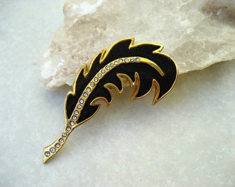 Vintage Henry a la Pensee Brooch Black Suede Crystal Leaf Made In France