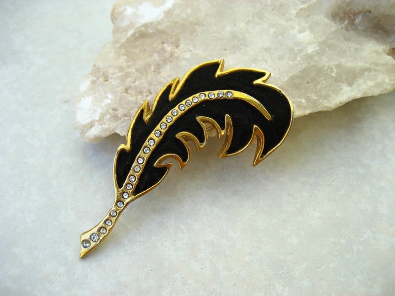 Vintage Henry a la Pensee Brooch Black Suede Crystal Leaf Made In France