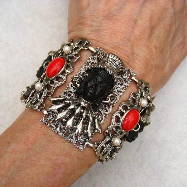 Vintage Signed Selro Bracelet African Headdress Black Faces Red Cabochons Faux Pearls