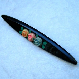 Vintage Celluloid Bar Pin Carved Roses C Clasp Hand Painted image 1