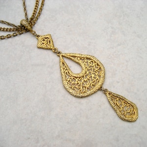 Vintage Festoon Necklace Triple Pendant Gold Tone Openwork Multi Chain 60s 70s