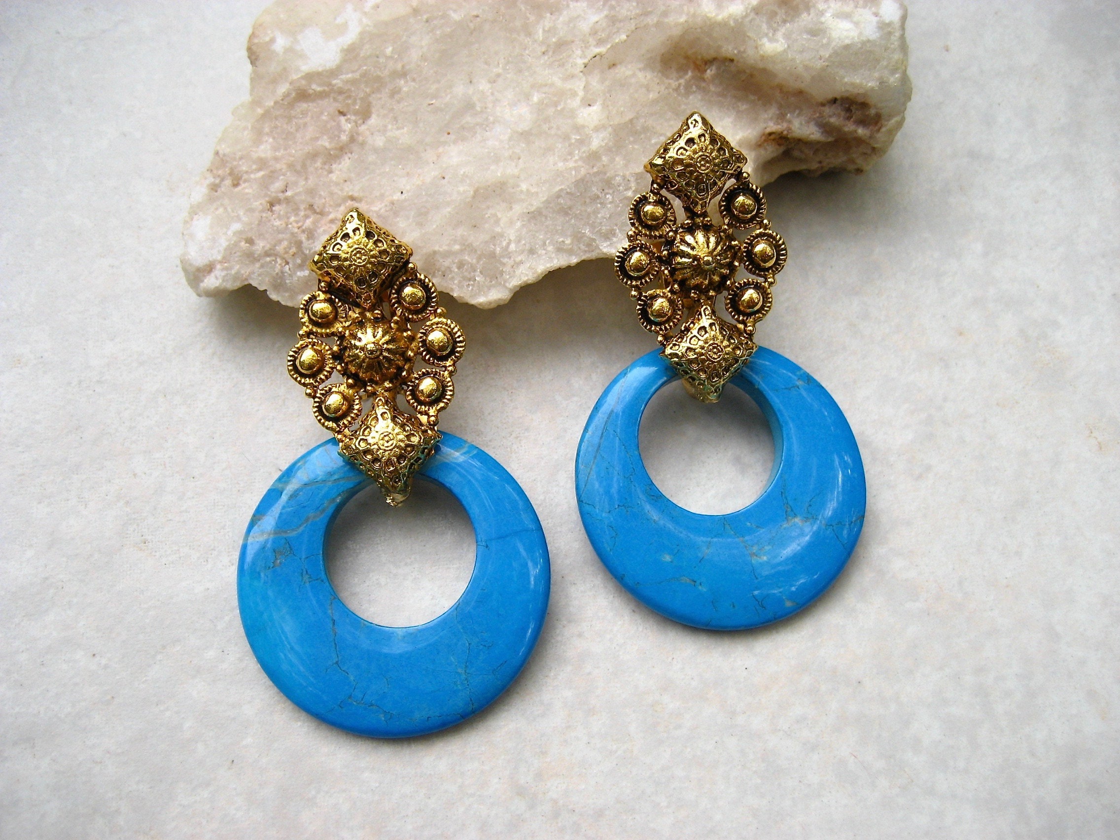 Boucles D'oreilles Vintage RJ Graziano - Pâte De Verre Sur Cuivre Doré Or 24k - Taille S/M/L