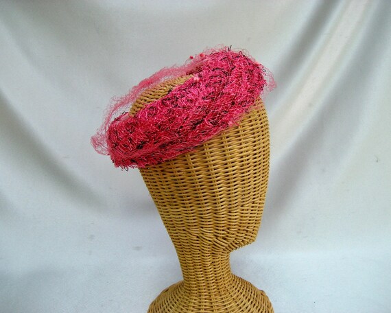 Vintage Ladies Halo Hat Pink Black Cellophane Str… - image 5