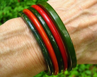 Vintage Bakelite Bracelets Spacer Stack Green Marbled Red Orange Bangles