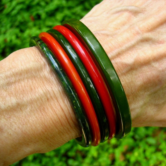 Vintage Bakelite Bracelets Spacer Stack Green Mar… - image 4