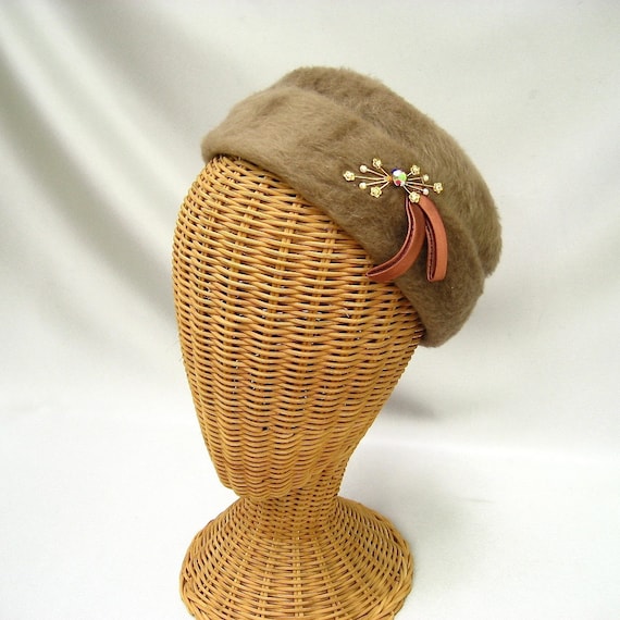 Vintage Ladies Hat Taupe Faux Fur Toque Layered R… - image 1