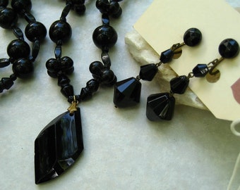 Vintage Black Czech Glass Beaded Sautoir Art Deco Necklace Earrings