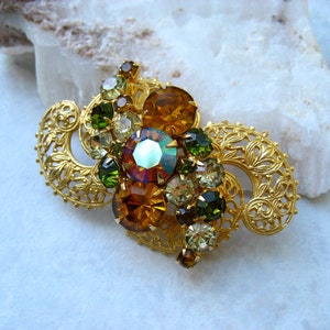 Vintage Rhinestone Brooch Earth Tones Gold Tone Openwork Spiral