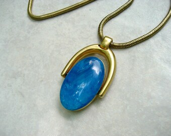 Vintage Trifari Modernist Necklace Blue Cream Lucite Gold Tone Spinner Pendant