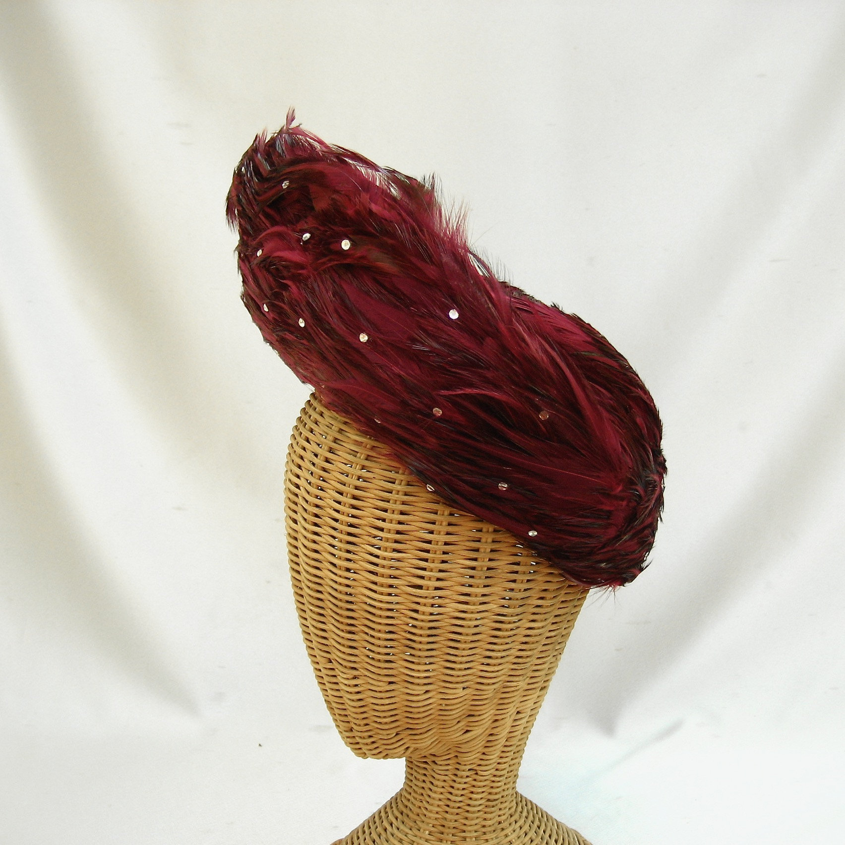 Vintage Jack McConnell red wool hat with ostrich feathers and delicate crystals It main image 3