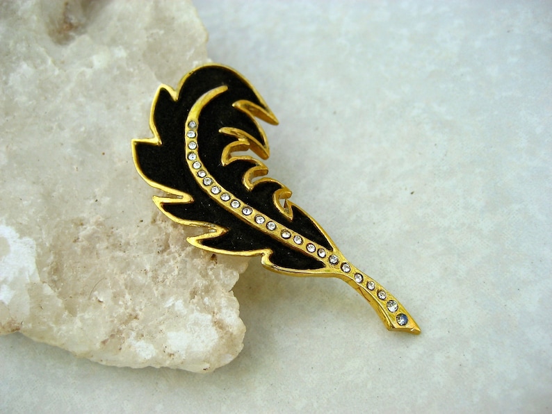 Vintage Henry a la Pensee Brooch Black Suede Crystal Leaf Made In France