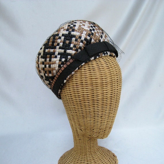 Vintage Ladies Straw Hat Brown Black White Netting - image 6