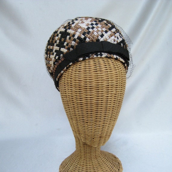 Vintage Ladies Straw Hat Brown Black White Netting - image 7