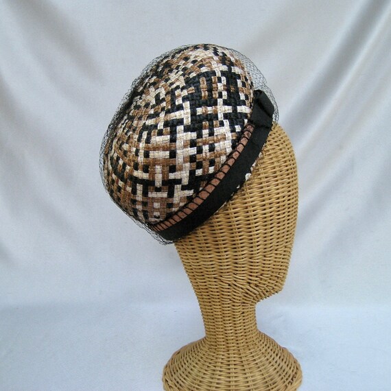 Vintage Ladies Straw Hat Brown Black White Netting - image 5