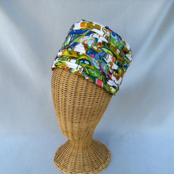 Vintage Ladies Hat Tall Mod Multi Colored Pleated… - image 1