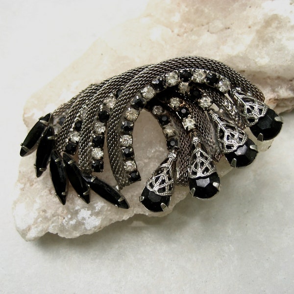 Vintage Hobe Rhinestone Brooch Silver Tone Mesh Black Navette Crystal Layered As Is