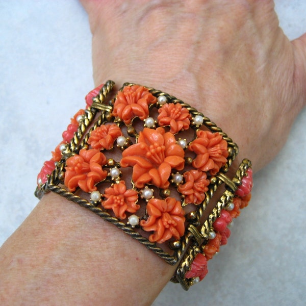Vintage Celluloid Wide Bracelet Earrings Set Faux Coral Lilies Faux Pearls Panels