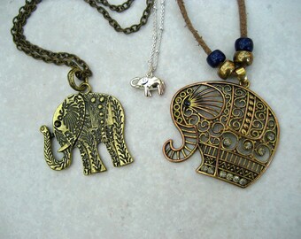 Vintage Elephant Pendant Necklace Lot Rhinestones Embossed Tiny Openwork