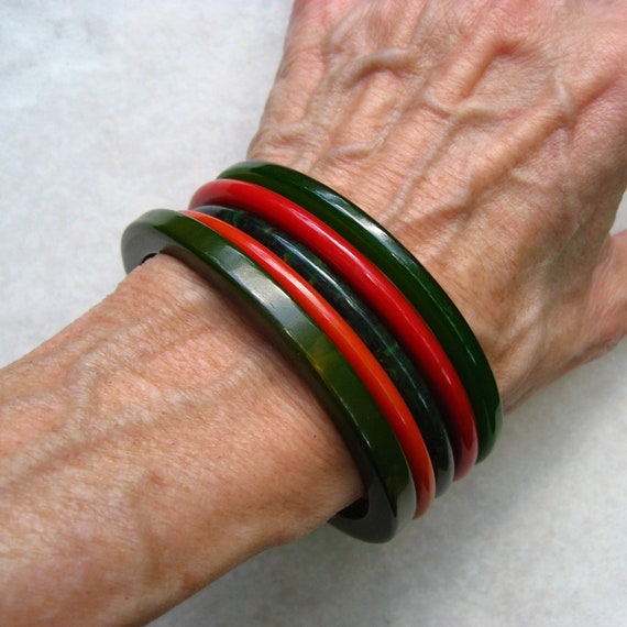 Vintage Bakelite Bracelets Spacer Stack Green Mar… - image 8