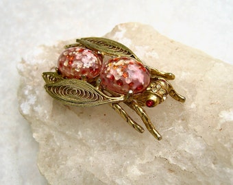 Vintage Bug Brooch Confetti Cabochons Filigree Wings Rhinestones Unsigned Regency Insect